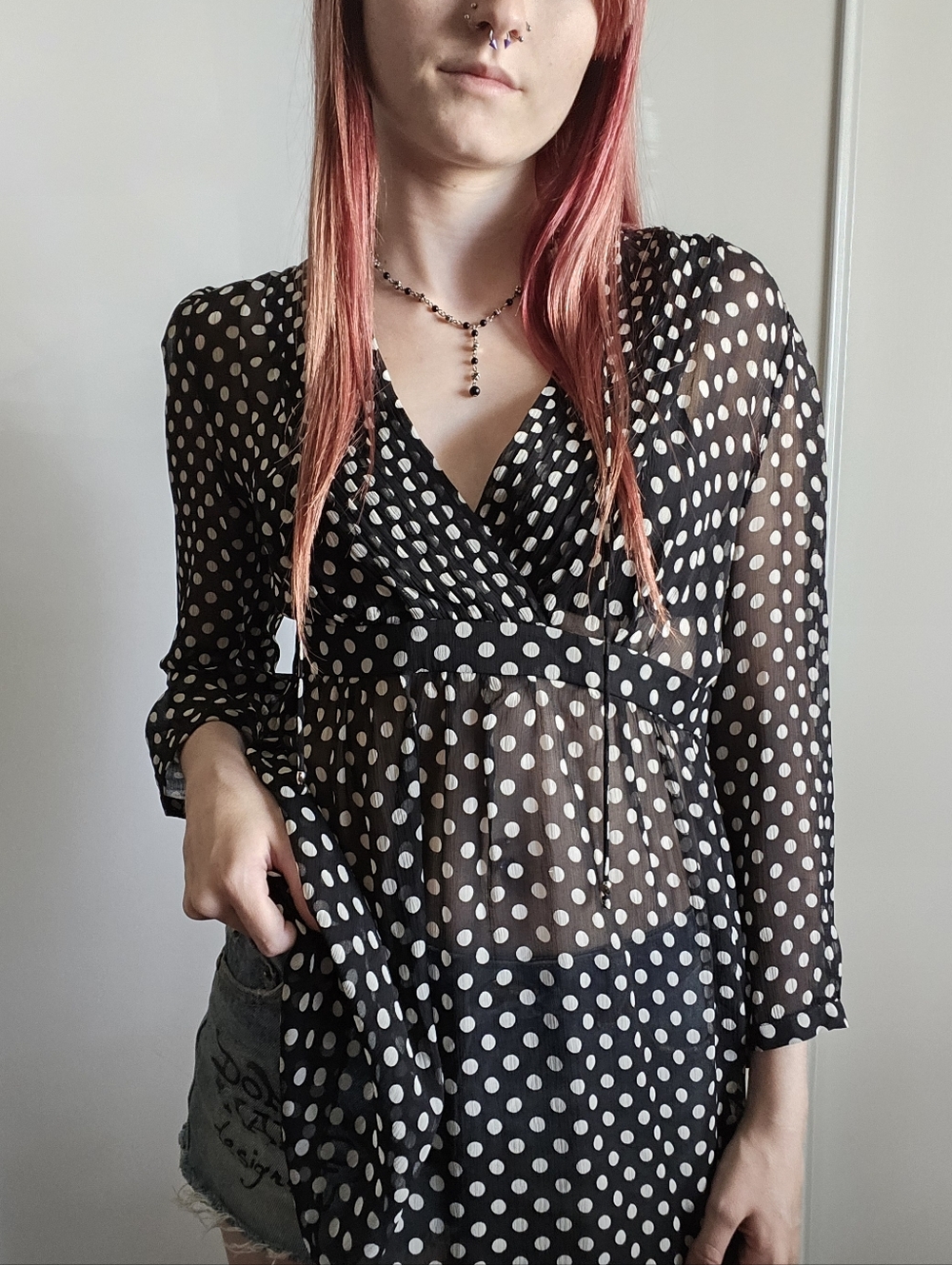 inc International Concepts Silk Blouse Black Polka Dot with v neck & tassels